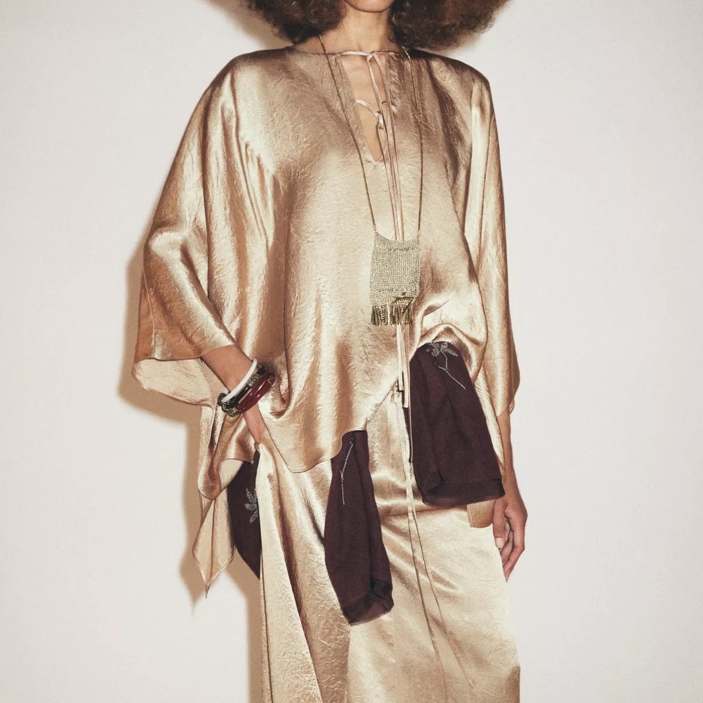 Zara NWT gold cape silky satin flowy tie front oversized top